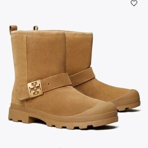Tory Burch Tan Suede Ankle Boots with Logo Accent
